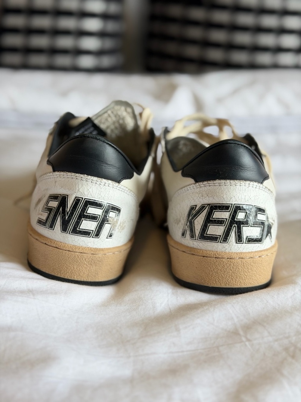 GOLDEN GOOSE Ballstar Leather Low-Top Sneakers in Off-White & Black - Picture 10 of 16